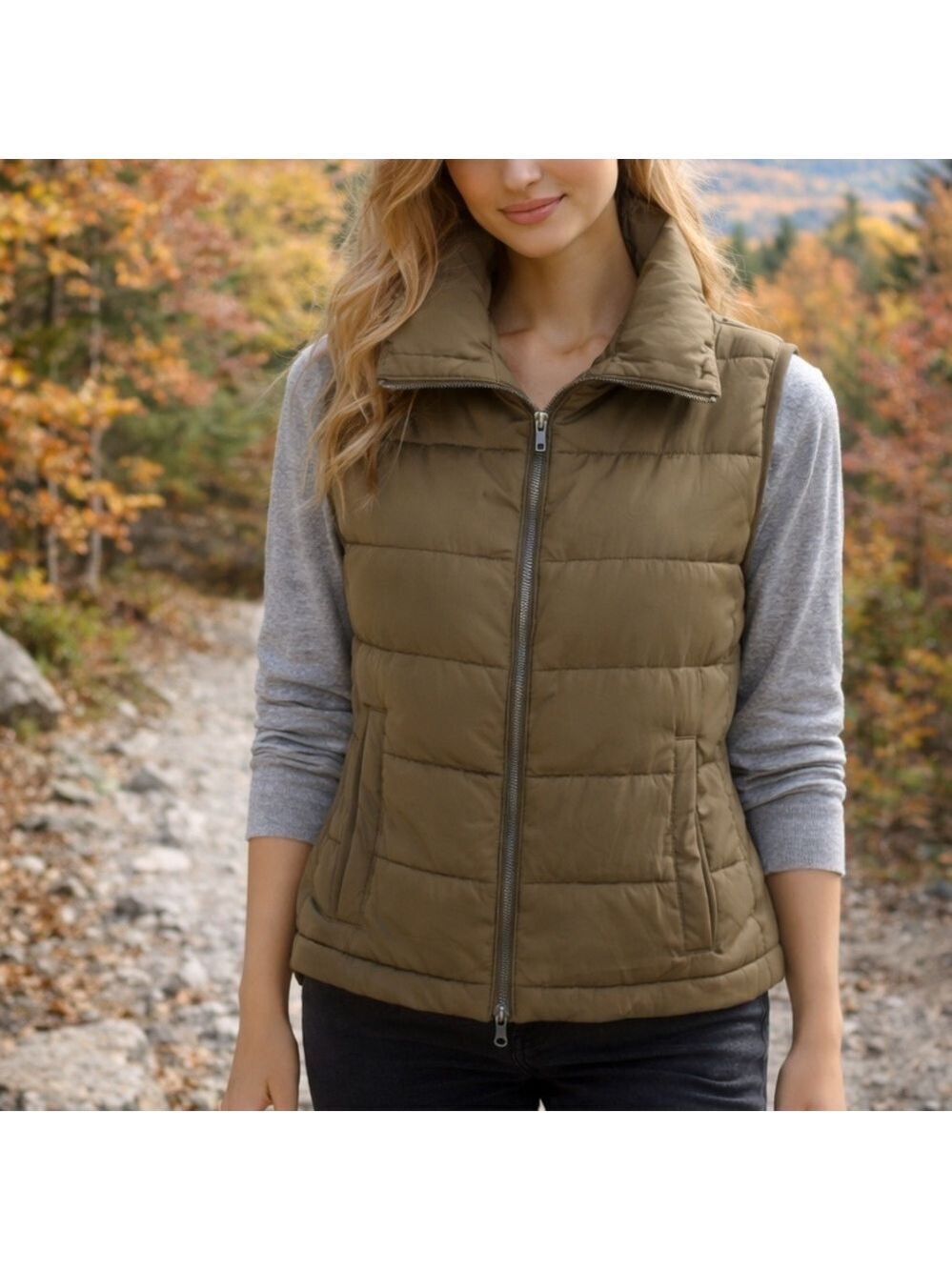 Talbots Down Fill High Neck Full Zip Puffer Vest Pockets Army Green size small